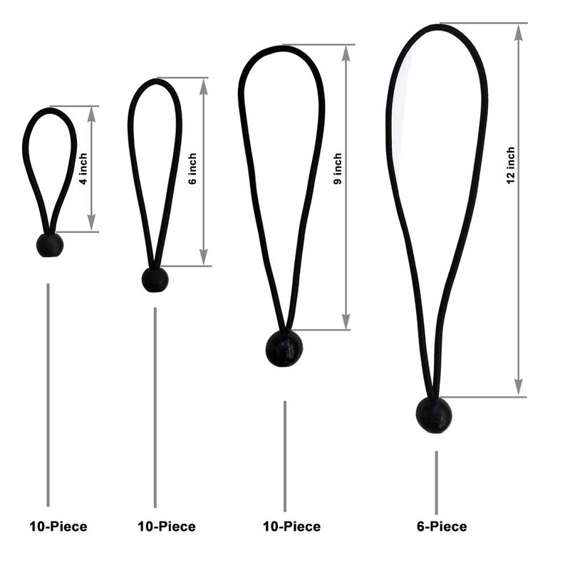 Joneaz Ball Bungee Cords with Balls, 4 Inch 6 Inch 9 Inch and 12 Inch Mix Package, Black Tie Down Cord, Real Rubber UV Resistant, 36 Piece - Image 2